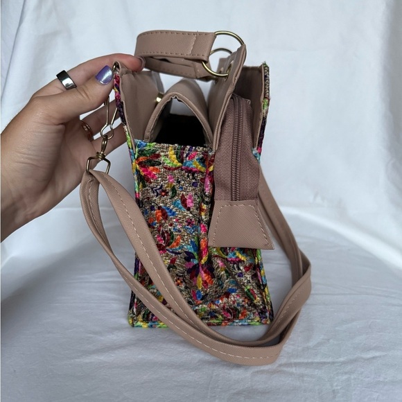 Artisanal Wood and Leather Colorful Mosaic Needlepoint Crossbody Purse - Picture 4 of 11